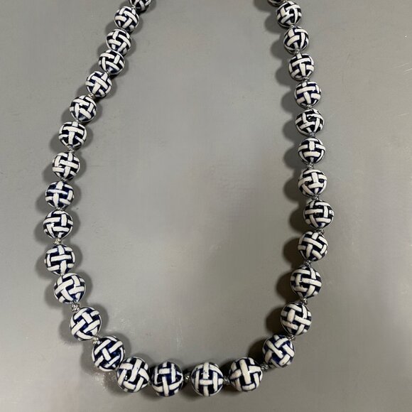 Ceramic Bead Necklace Blue and White Geometric Pattern - Picture 1 of 6
